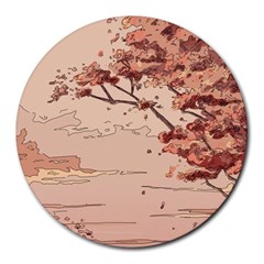 Pastel Nature , Art, Blue, Cute, Nature, Pink Round Mousepad