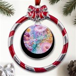 Cells Fluid Bubbles Metal Red Ribbon Round Ornament Front