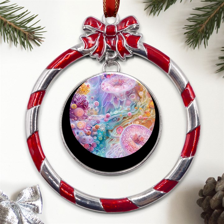 Cells Fluid Bubbles Metal Red Ribbon Round Ornament