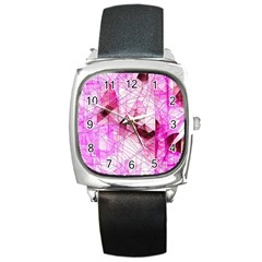 Pink Abstract Lineart Square Metal Watch