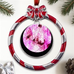 Pink Abstract Lineart Metal Red Ribbon Round Ornament