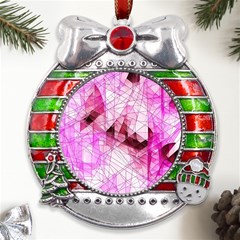 Pink Abstract Lineart Metal X mas Ribbon With Red Crystal Round Ornament by Maspions