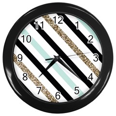 Pattern, Black, Blue, Gold, Lines, Stripes Wall Clock (black) by kyorashop23