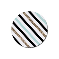 Pattern, Black, Blue, Gold, Lines, Stripes Rubber Round Coaster (4 Pack) by kyorashop23