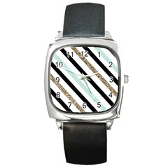 Pattern, Black, Blue, Gold, Lines, Stripes Square Metal Watch by kyorashop23