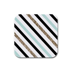 Pattern, Blue, Gold, Lines, Stripes Rubber Square Coaster (4 Pack) by kyorashop23