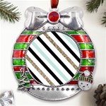 Pattern, Blue, Gold, Lines, Stripes Metal X Mas Ribbon With Red Crystal Round Ornament Front