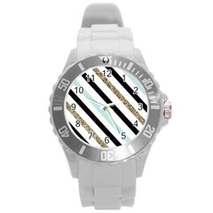 Pattern, Blue, Gold, Lines, Stripes Round Plastic Sport Watch (l) by kyorashop23