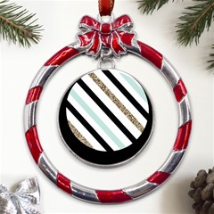 Pattern, Blue, Gold, Lines, Stripes Metal Red Ribbon Round Ornament by kyorashop23