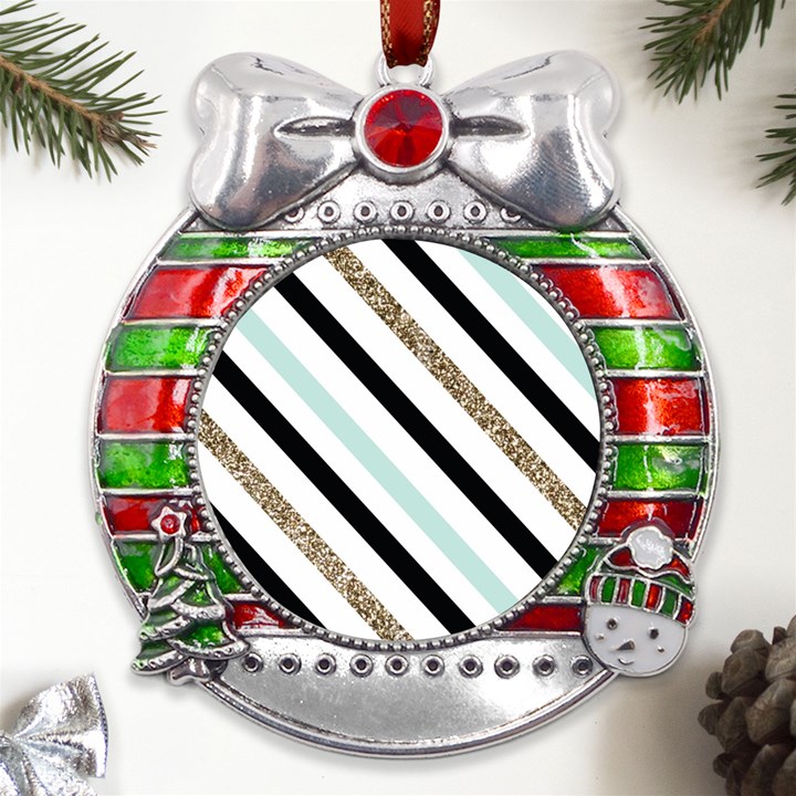 Pattern, Blue, Gold, Lines, Stripes Metal X Mas Ribbon With Red Crystal Round Ornament