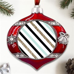 Pattern, Blue, Gold, Lines, Stripes Metal Snowflake And Bell Red Ornament