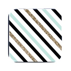 Pattern, Blue, Gold, Lines, Stripes Square Metal Box (black) by kyorashop23