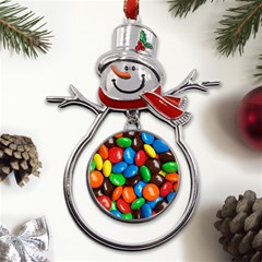 Colorful Candy Background, Close-up Metal Snowman Ornament