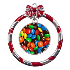 Colorful Candy Background, Close-up Metal Red Ribbon Round Ornament