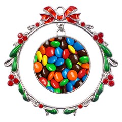 Colorful Candy Background, Close-up Metal X mas Wreath Ribbon Ornament by kyorashop23