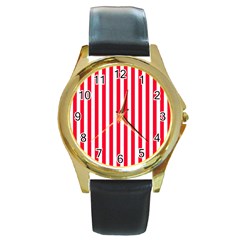 Red Stripes, Texture, Sticker, Round Gold Metal Watch