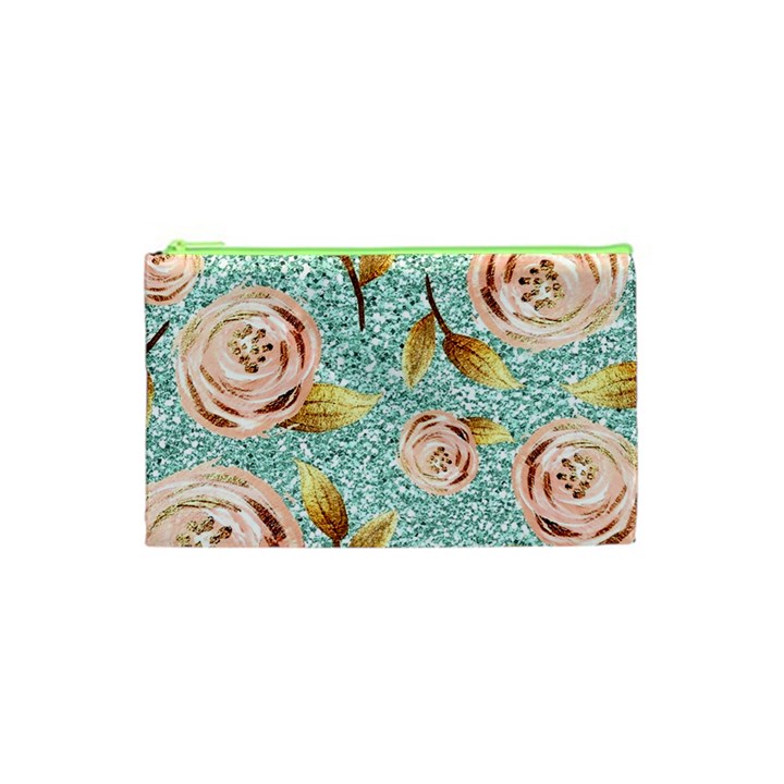 Rose Gold Roses, Girly, Glitter, Pretty, Rose Gold Cosmetic Bag (XS)