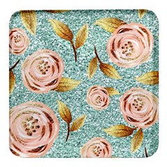 Rose Gold Roses, Girly, Glitter, Pretty, Rose Gold Square Glass Fridge Magnet (4 Pack) by kyorashop23