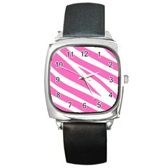 White Pink Stripes, Pattern Square Metal Watch by kyorashop23