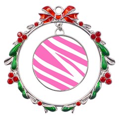 White Pink Stripes, Pattern Metal X mas Wreath Ribbon Ornament by kyorashop23