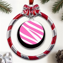 White Pink Stripes, Pattern Metal Red Ribbon Round Ornament by kyorashop23