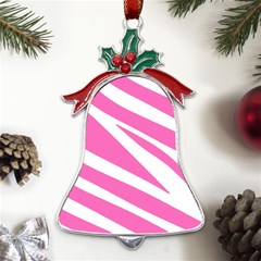 White Pink Stripes, Pattern Metal Holly Leaf Bell Ornament