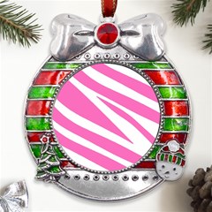 White Pink Stripes, Pattern Metal X mas Ribbon With Red Crystal Round Ornament by kyorashop23