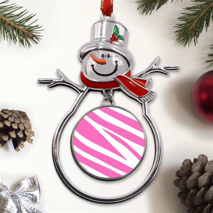 White Pink Stripes, Pattern Metal Snowman Ornament