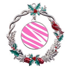 White Pink Stripes, Pattern Metal X mas Wreath Holly Leaf Ornament by kyorashop23