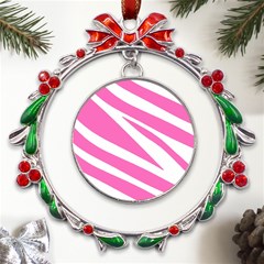 White Pink Stripes, Pattern Metal X mas Wreath Ribbon Ornament