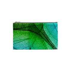 3d Leaves Texture Sheet Blue Green Cosmetic Bag (small) by Cemarart