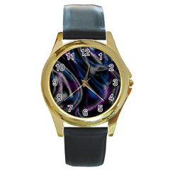 Multicolored Abstract Dynamic Shapes Print Round Gold Metal Watch by dflcprintsclothing