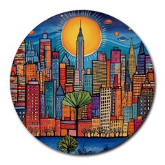 City New York Nyc Skyscraper Skyline Downtown Night Business Urban Travel Landmark Building Architec Round Mousepad by Posterlux