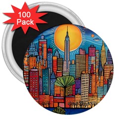 City New York Nyc Skyscraper Skyline Downtown Night Business Urban Travel Landmark Building Architec 3  Magnets (100 Pack)