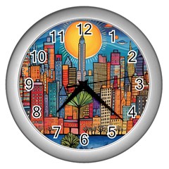 City New York Nyc Skyscraper Skyline Downtown Night Business Urban Travel Landmark Building Architec Wall Clock (silver) by Posterlux