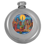 City New York Nyc Skyscraper Skyline Downtown Night Business Urban Travel Landmark Building Architec Round Hip Flask (5 oz) Front