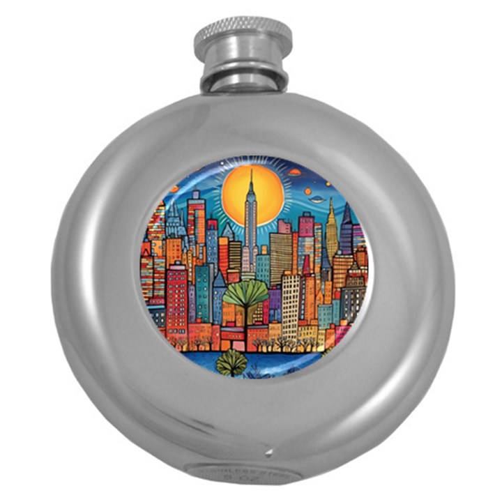 City New York Nyc Skyscraper Skyline Downtown Night Business Urban Travel Landmark Building Architec Round Hip Flask (5 oz)