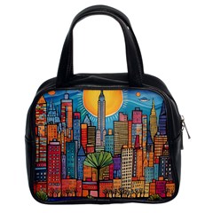 City New York Nyc Skyscraper Skyline Downtown Night Business Urban Travel Landmark Building Architec Classic Handbag (two Sides) by Posterlux