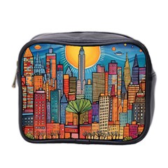 City New York Nyc Skyscraper Skyline Downtown Night Business Urban Travel Landmark Building Architec Mini Toiletries Bag (two Sides) by Posterlux