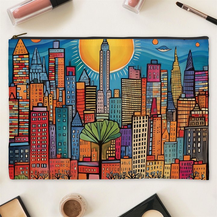 City New York Nyc Skyscraper Skyline Downtown Night Business Urban Travel Landmark Building Architec Cosmetic Bag (XXXL)