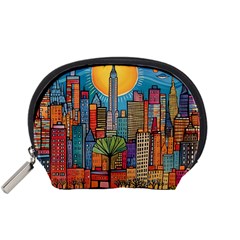 City New York Nyc Skyscraper Skyline Downtown Night Business Urban Travel Landmark Building Architec Accessory Pouch (small) by Posterlux