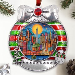 City New York Nyc Skyscraper Skyline Downtown Night Business Urban Travel Landmark Building Architec Metal X mas Ribbon With Red Crystal Round Ornament by Posterlux