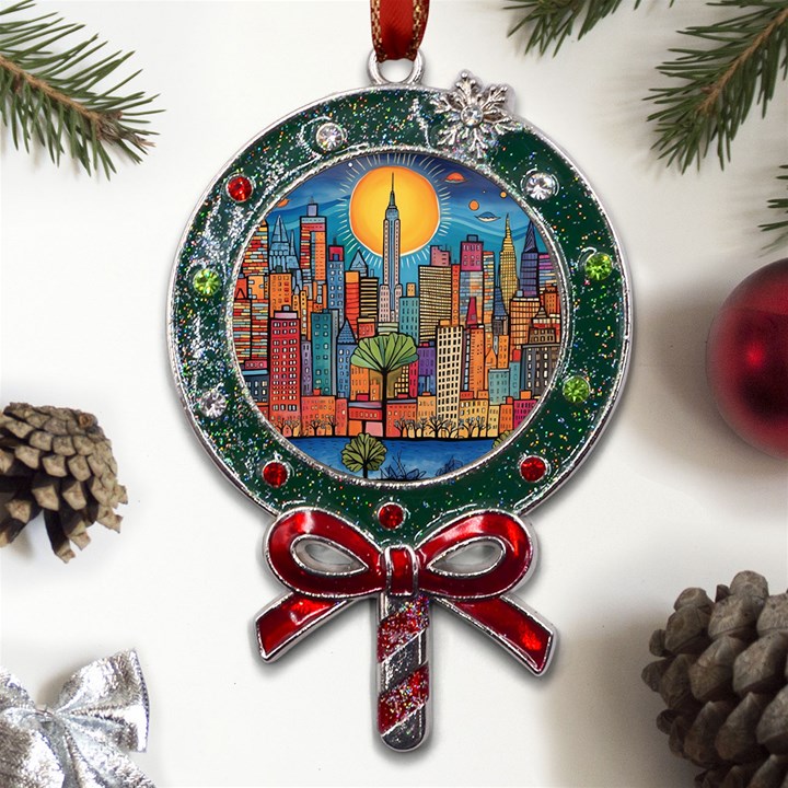 City New York Nyc Skyscraper Skyline Downtown Night Business Urban Travel Landmark Building Architec Metal X Mas Lollipop with Crystal Ornament