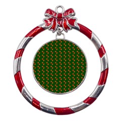 Kawaii Pumpkin Patt Green Metal Red Ribbon Round Ornament by snowwhitegirl