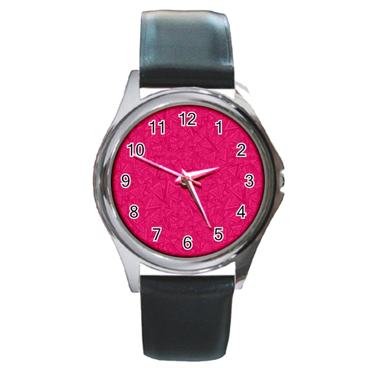 Pink Abstract Crimson Triangle Round Metal Watch