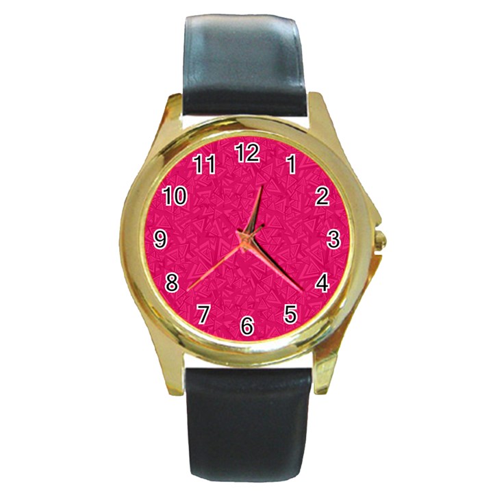 Pink Abstract Crimson Triangle Round Gold Metal Watch