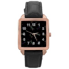 Background Pattern Dragonfly Rose Gold Leather Watch 