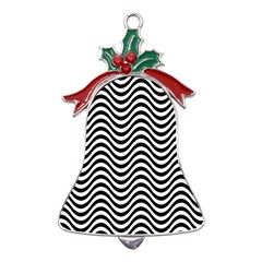 Black White Wave Pattern Wavy Water Seamless Metal Holly Leaf Bell Ornament by Posterlux