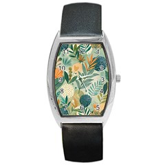 Leaves Pattern Flora Nature Barrel Style Metal Watch