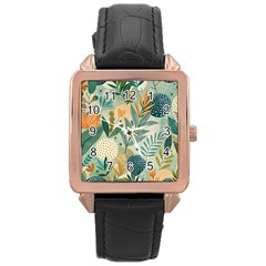 Leaves Pattern Flora Nature Rose Gold Leather Watch 